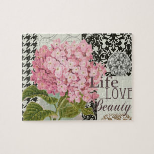 Chique Roze Hortensia Collage Vintage Damast Kunst Legpuzzel