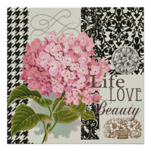 Chique Roze Hortensia Collage Vintage Damast Kunst Perfect Poster