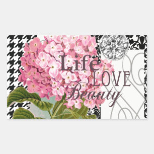 Chique Roze Hortensia Collage Vintage Damast Kunst Rechthoekige Sticker