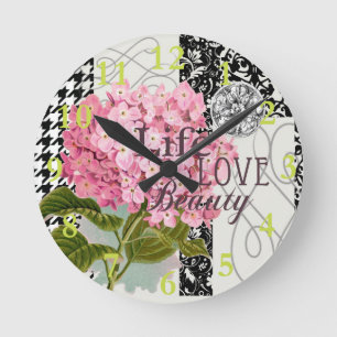 Chique Roze Hortensia Collage Vintage Damast Kunst Ronde Klok