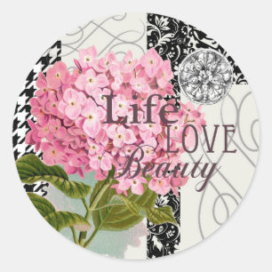 Chique Roze Hortensia Collage Vintage Damast Kunst Ronde Sticker