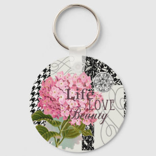 Chique Roze Hortensia Collage Vintage Damast Kunst Sleutelhanger