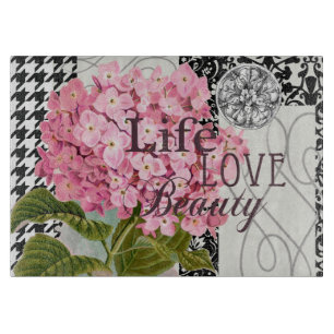 Chique Roze Hortensia Collage Vintage Damast Kunst Snijplank