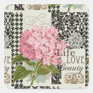 Chique Roze Hortensia Collage Vintage Damast Kunst Vierkante Sticker
