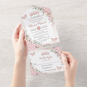 Chique Roze Kersenbloesem Roze Gouden Quinceañera All In One Uitnodiging