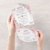 Chique roze kersenbloesems Roos gouden quinceañera All In One Uitnodiging (Afscheurbaar)