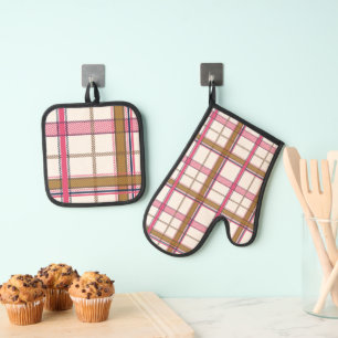 Chique roze marineblauwe ruit aesthetic ovenwant & pannenlap set
