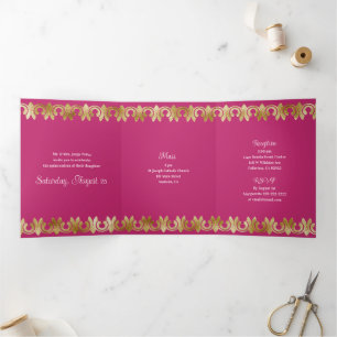 Chique roze met gouden Quinceanera-feestuitnodigin Drieluik Uitnodiging