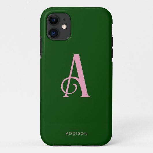 Chique roze Monogram Initiaal naam op donkergroen Case-Mate iPhone Case (Achterkant)