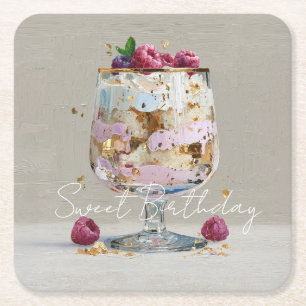Chique roze olieverfschildering cake bloem verjaar vierkante kartonnen onderzetter