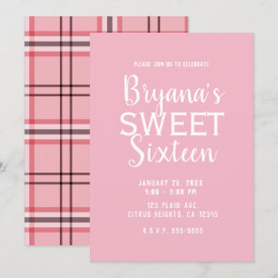 Chique Roze Preppy Plaid Sweet 16 Verjaardagsfeest Kaart