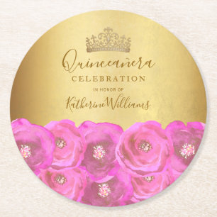 Chique Roze Roos Bloemenkroon Gouden Kroon Quincea Ronde Kartonnen Onderzetter