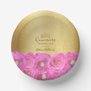 Chique Roze Roos Bloemige Gouden Kroon Quinceañera Papieren Kommen