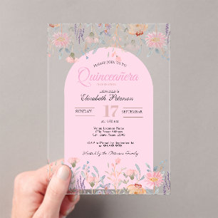 Chique Roze Wilde Bloemen Uw Foto Quinceañera Acryl Uitnodigingen