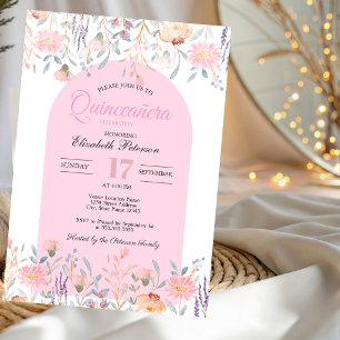 Chique Roze Wilde Bloemen Uw Foto Quinceañera Kaart