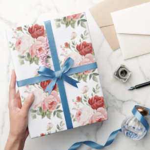 Chique Roze Witte Rode Rozen Bloemig Bruidsdiner Cadeaupapier