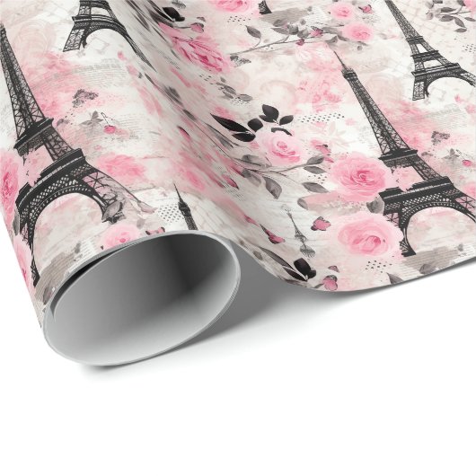 Chique Roze Zwart & Wit Eiffeltoren Parijs Frans Cadeaupapier (Rol Hoek)