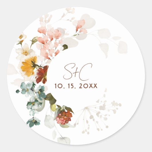 Chique rustieke Boho Wildflower bloementuin bruilo Ronde Sticker (Voorkant)