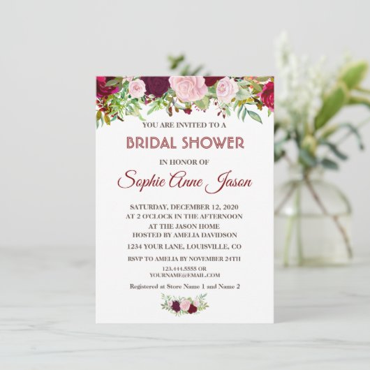 Chique Rustieke Burgundy Marsala Bloemachtige Brui Kaart (Staand voorkant)