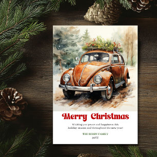 Chique rustische kerstscène rode auto kaart stijl