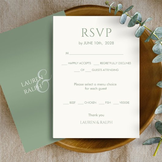 Chique Sage Groen Monogram Bruiloft RSVP Kaartje