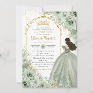Chique Sage Groene Bloemen Rozen Prinses Quinceañe Kaart