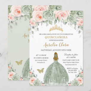Chique Salie Groen Blush Bloemen Blond Quinceañera Kaart