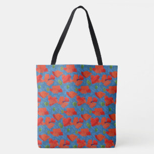 Chique Scarlet Field Poppies Bloemmotief op Blauw Draagtas