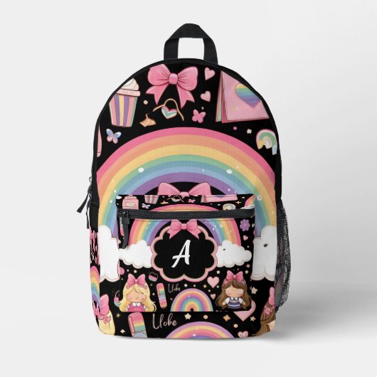 chique schattige meisjes monogram zwart school ki bedrukte rugzak (Voorkant)