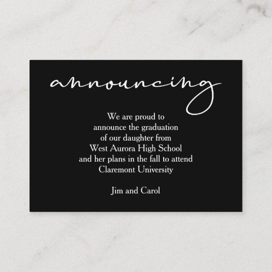 Chique script Afstuderen zwarte kleine aankondigin Informatiekaartje (Achterkant)