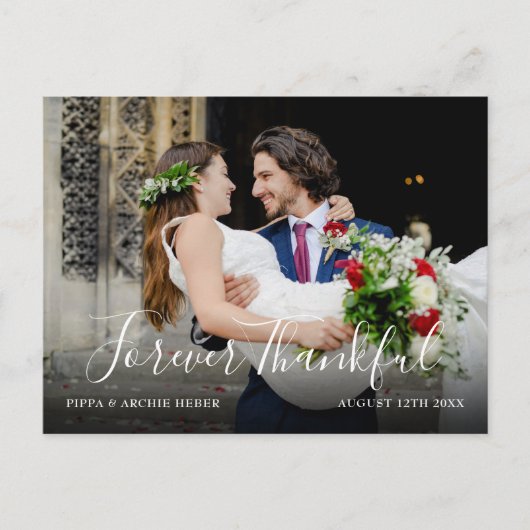 Chique script bruiloft foto modern eenvoudig dank aankondigingskaart (Voorkant)