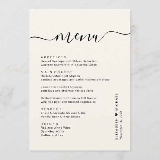 Chique Script Cream Bruiloft Receptie Menu (Voorkant)