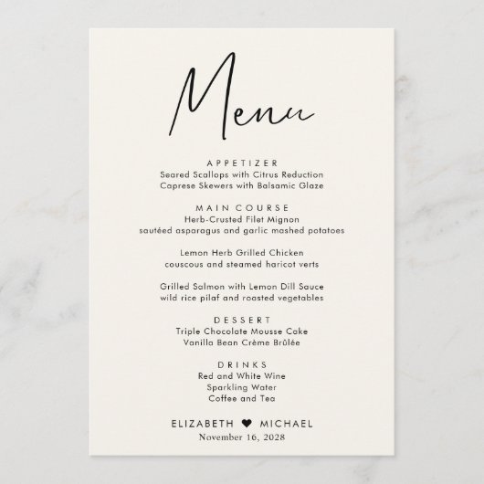 Chique Script Cream Bruiloft Receptie Menu (Voorkant)