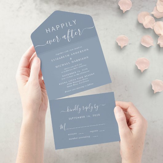 Chique Script Dusty Blue Wedding All In One Uitnodiging
