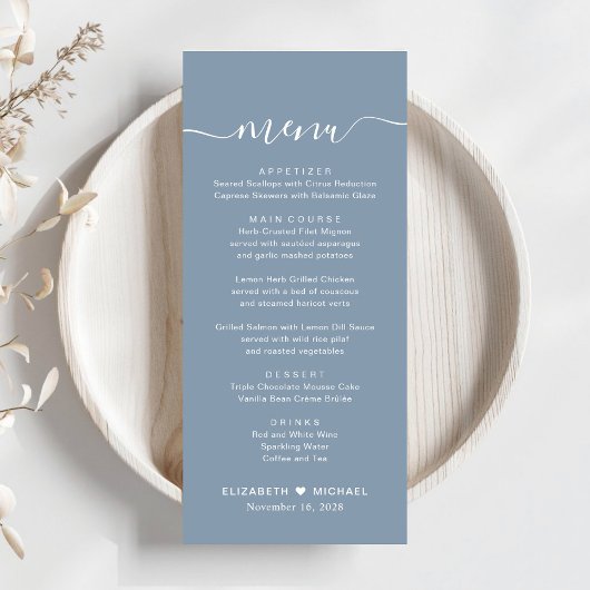 Chique Script Dusty Blue Wedding Menu