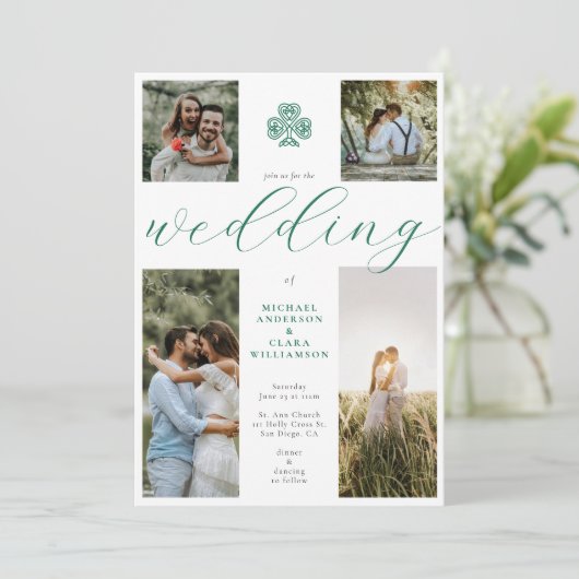 Chique Script Emerald Irish Cross 4 Foto Bruiloft Kaart (Staand voorkant)