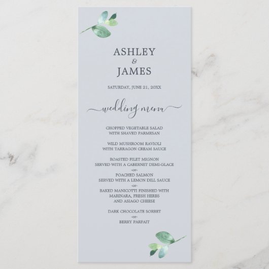 Chique Script Eucalyptus Foliage Pastel Blauw Brui Menu (Voorkant)