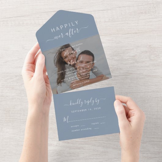 Chique Script Foto 0verlay Dusty Blue Wedding All In One Uitnodiging (Afscheurbaar)