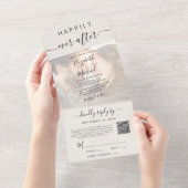 Chique Script Foto QR Code Cream Bruiloft All In One Uitnodiging (Afscheurbaar)