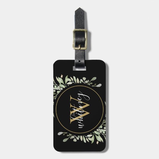 Chique Script groen goud monogram zwart Bagagelabel (Voorkant verticaal)