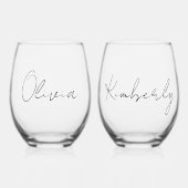 Chique Script Monogram Bachelorette Bruidsfeest Wijnglas Zonder Voet (Voorkant)