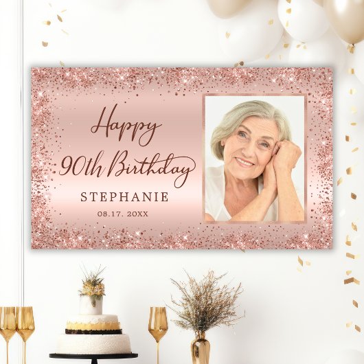 Chique Script Roos Gouden Glitter Foto 90e Verjaar Spandoek