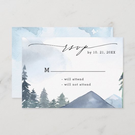Chique Script Slate Blue Mountains Bos Bruiloft RSVP Kaartje (Voorkant / Achterkant)