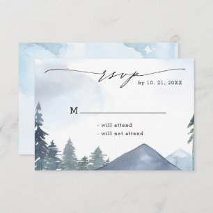 Chique Script Slate Blue Mountains Bos Bruiloft RSVP Kaartje