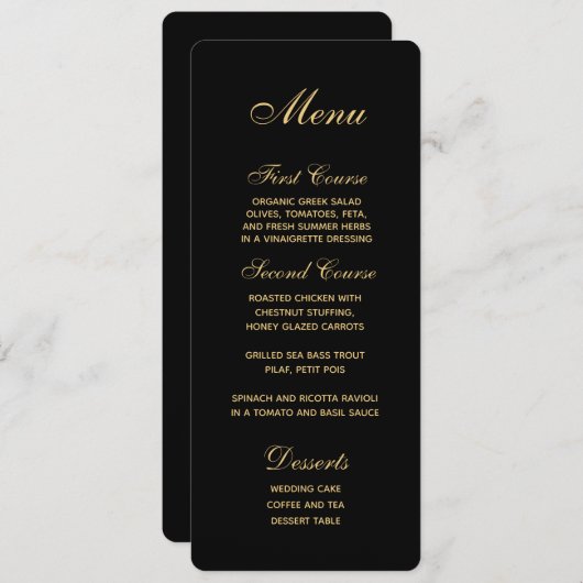 Chique Script Zwart Goud Bruiloft Menu (Voorkant / Achterkant)