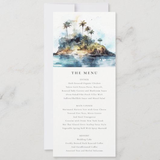 Chique Seascape Palm Tree Island Bruiloft Menu Kaa Kaart (Voorkant)