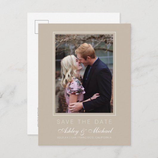 Chique Shiitake Grijs Save the Date Trouwfoto Aankondigingskaart (Voorkant / Achterkant)