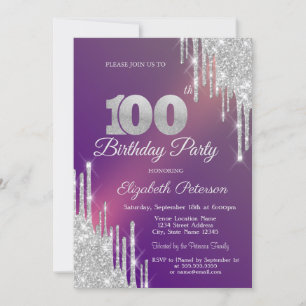 Chique Silver Glitter Drips Paarse 100e Verjaardag Kaart