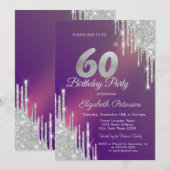 Chique Silver Glitter Drips Paarse 60e Verjaardag Kaart (Voorkant / Achterkant)