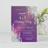 Chique Silver Glitter Drips Paarse 75e Verjaardag Kaart (Staand voorkant)